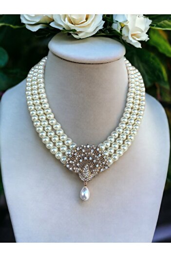 FAYRA ACCESSORIES Tavuskuşu Motifli Taşlı İnci Kolye