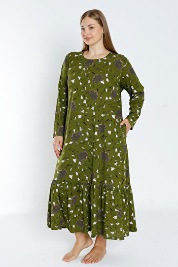 İntensive Women's Green Print Long Sleeve Pocket Skirt Flounces Long Cotton Dress