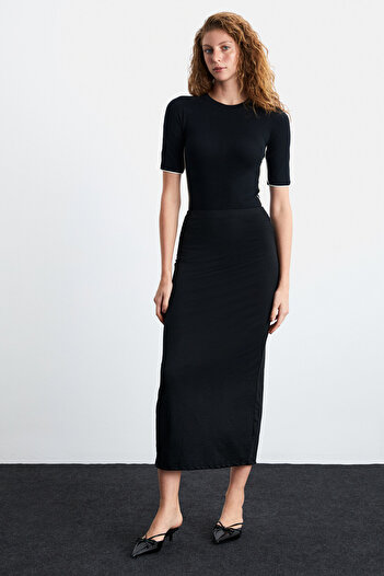 GRIMELANGE Emil Women's Back Slit Maxi Length Stylish Black Skirt