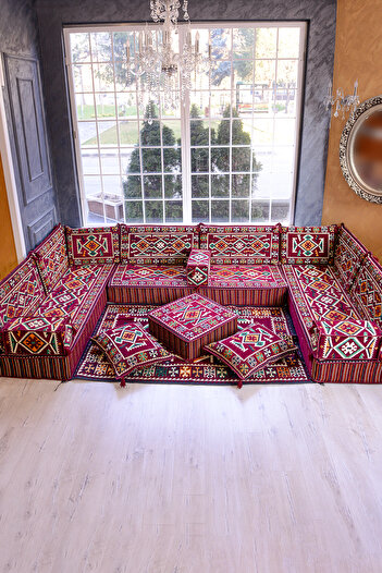 BAKIRÖZÜ HOME Şark Köşesi Takımı Bordo  Anadolu Modeli 18 Parça (20 CM MİNDER KALINLIĞI)
