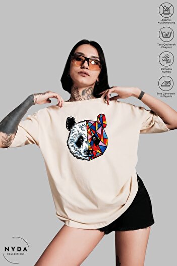Nyda Collections Unisex Crew Neck Πολύχρωμο μπλουζάκι με στάμπα Panda από βαμβακερό υπερμεγέθη κοντομάνικο μπλουζάκι