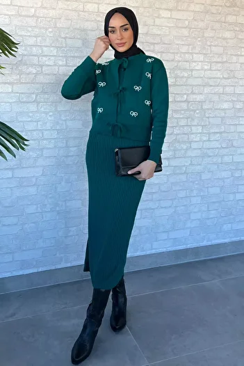 julude Emerald Green Front Tie Pearl Jacket Dress Hijab Knitwear Double Set