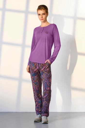 Doreanse Women's Purple Print Button Lapel T-Shirt Pajamas Set 25K4039