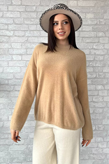 GÜLSELİ Beige Crew Neck Women's Bearded Knitwear Sweater