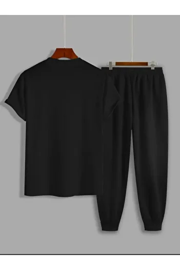 Medinenur Παρίσι εμπριμέ μπλουζάκι Φούτερ Jogger Comfortable Fit Μαύρο Σετ αθλητικής φόρμας
