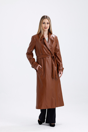 Sense Tan Faux Leather Trench Coat Top Coat - Lined and Belted Waist
