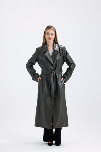 Sense Faux Leather Lined and Belted Trench Coat Top Coat