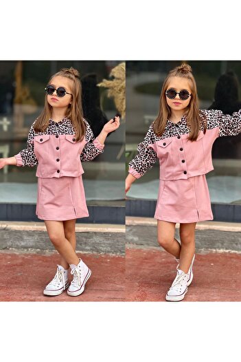 YİGİT BUTİK Yigit Boutique Leopard Jacket Girls' Skirt Bottom Top Set