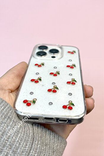 WANNA PROTECT iPhone 14 Pro Max Uyumlu Kiraz Desenli Şeffaf Kapak Simli Darbeye Karşı Dayanıklı Telefon Kılıfı