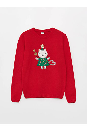 LC Waikiki Lcw Kids Red Crew Neck Christmas Themed Long Sleeve Girl's Knitwear Sweater