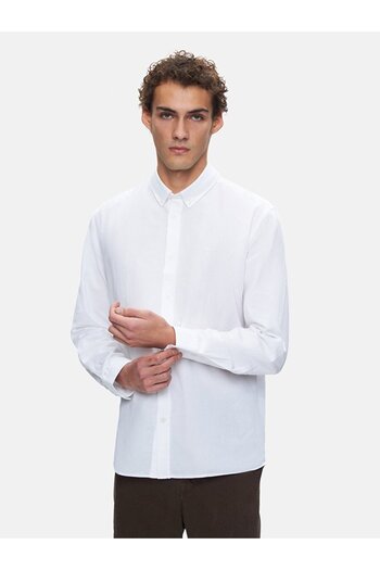 Ltb Basic Linen Look Regular Long Sleeve White Shirt