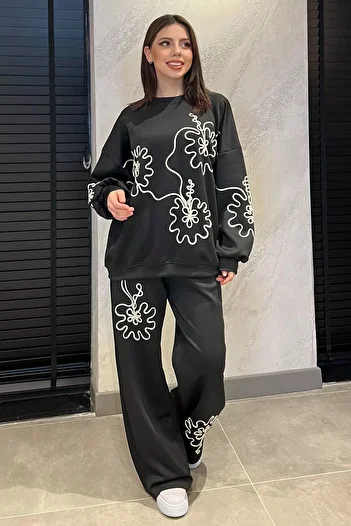 GÜLSELİ Black Embroidered Tunic Trousers Double Set