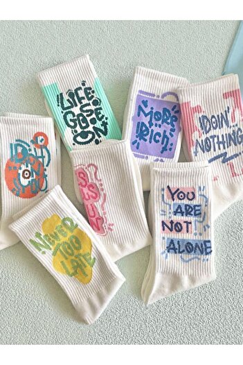 Esinti 6 Pairs Unisex Colorful Calligraphy Pattern Socket Socks Patterned White College Socks 6 Pcs