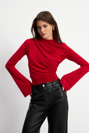 Bipantolon Women's Red Drawstring Detailed Stand Collar Sandy Blouse