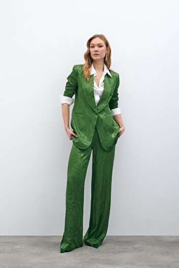 Sateen Desenli Saten Pantolon - Yeşil