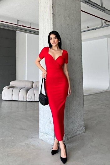Mossta Red Midi Scuba Dress - Double Breasted Neckline and Back Slit