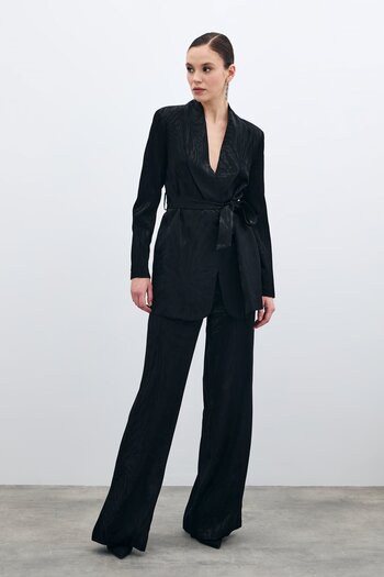 Sateen High Waist Patterned Trousers - Black