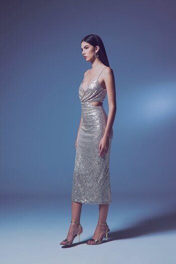 Sateen Low-Cut Sequin Dress - Beige