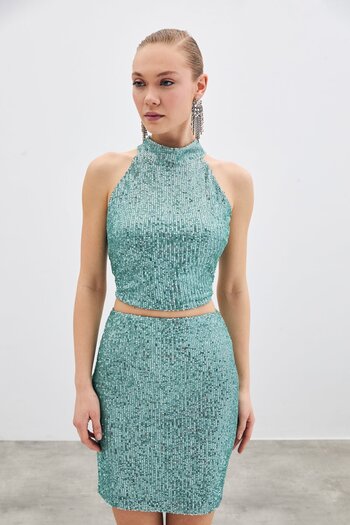 Sateen Sleeveless Sequined Blouse - Mint
