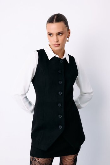 Sateen Buttoned Long Suede Vest - Black