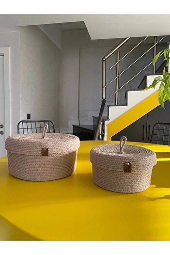 Sevdam Sepet Bej Ikili Kapaklı Sepet Set, Pamuklu Sepet Set, Dekoratif Sepet Set, Hasır Sepet Set, Pamuk Sepet