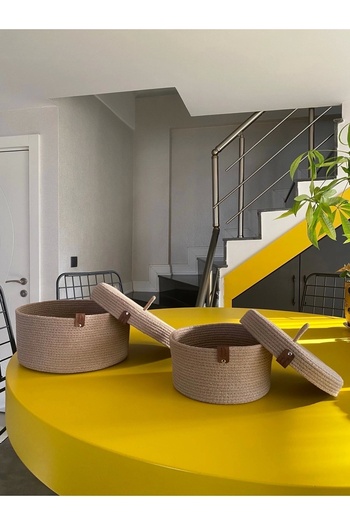 Sevdam Sepet Beige Double Lid Basket Set, Cotton Basket Set, Decorative Basket Set, Wicker Basket Set, Cotton Basket