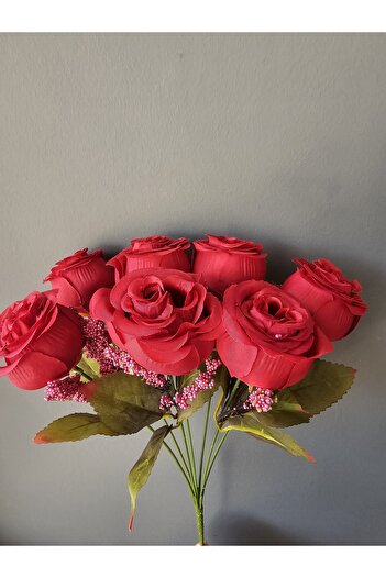 YASİMA 7 Head Red Rose Bouquet with Artificial Cipso Arrangement Flower Pot Vase Decor Ornament