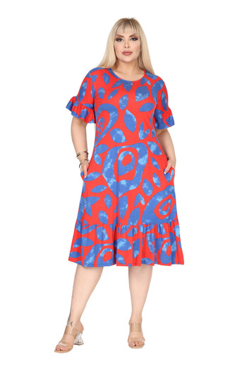 MELSAY Women's Plus Size Skirt Ruffled Pink Evil Eye Pattern Pocket Dress