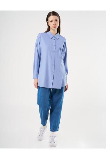 Kayra Blue Tunic - Aviator with Shirt Collar and Lace Detail