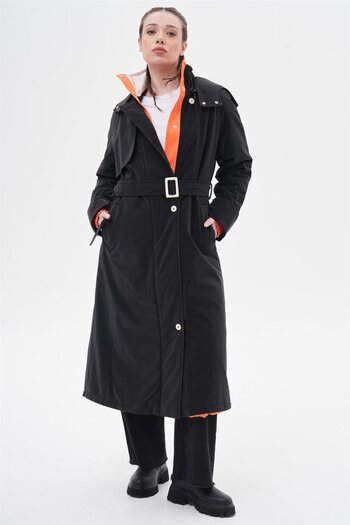 Kayra Stand Collar Detachable Hooded Black Coat