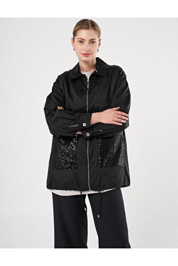 Kayra Sequin Embroidered Wide Pocket Jacket Black