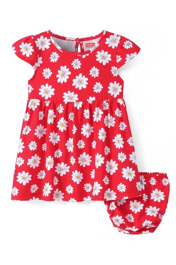 Babyhug Babyhug Cotton Knit Half Cap Sleeves Floral Printed Anti Bacterial Frock with Bloomer - Red