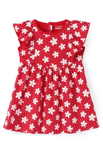 Babyhug Babyhug Single Jersey Knitted Half Sleeves Frill Detailing Floral Printed Frock Bloomer-Red & White