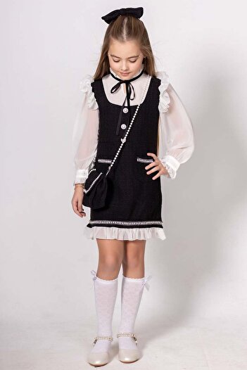 Riccotarz Girls' Sleeves and Neckline Chiffon Hem Ruffled Pearl Embroidered Double Pocket Black Knitwear Dress