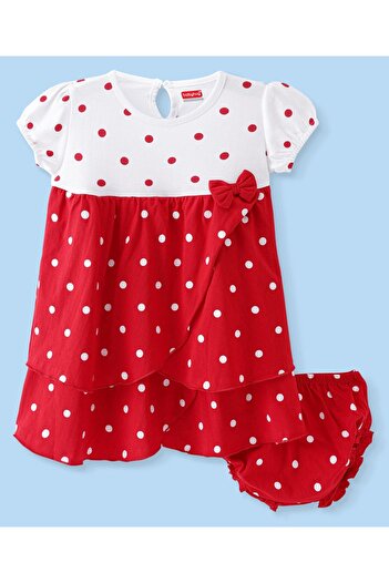 Babyhug Babyhug Single Jersey Knit Half Sleeves Frock Bloomer Polka Dots Print & Bow Applique - Red & White