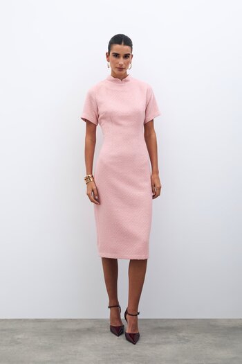 Sateen Stand Collar Tweed Dress - Powder