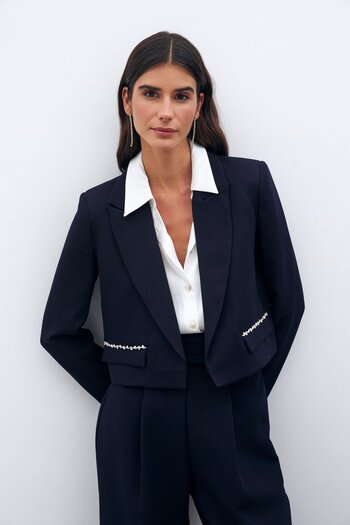 Sateen Pocket Stone Detailed Short Jacket - Navy Blue