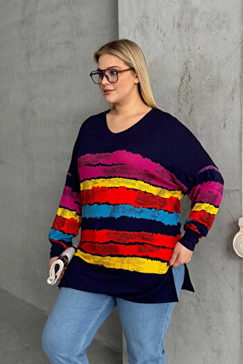 Stil Diva Plus Size V Neck Striped Side Slit Long Sleeve Blouse 303118
