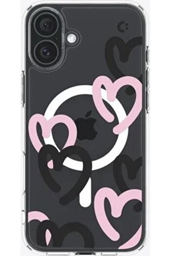 Spigen iPhone 16 Kılıf Ultra Hybrid MagFit MagSafe özellikli Hearts Black Pink - ACS08278