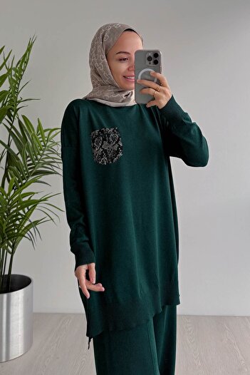 Ka Hijab Stoned Pocket Mercerized Hijab Set - Emerald