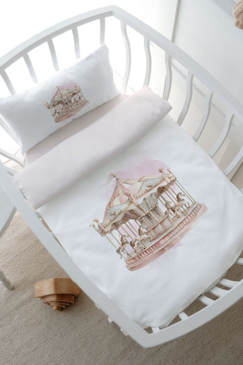 Tuğba Kuğu Mother's Side Crib Duvet Cover Set (60X100) - Royal Series - Pink Carousel