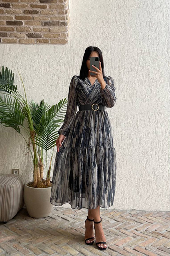 Neşeli Butik γυναικείο φόρεμα σιφόν midi μήκους με ζώνη NBMY3600