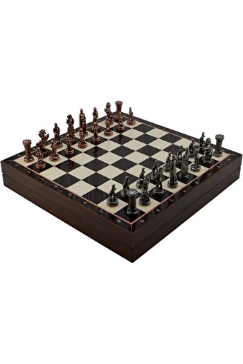 STOREMAX Snshop Medium Size Metal English Chess Set Antique and Walnut Patterned Mdf Board with Storage Box (36X