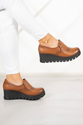 Erkan Saçmacı Gloria Tan - Genuine Leather Wedge Heeled Shoes