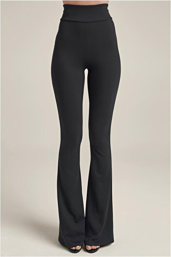 Baluxe Women's Black High Waist Spanish Leg Flare Knitted Trousers
