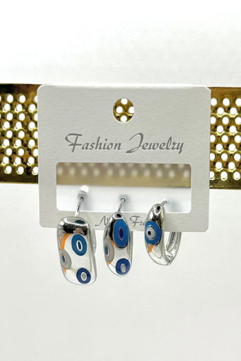 DEMOKAN Women's Earrings Special Series 3 Row Size Ellipse Enameled Evil Eye Bead Motif Non-Tarnish Earrings