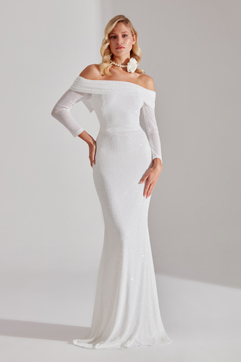 BETTY & SAM CLAIRE Sequin Sparkly White Off-shoulder Wedding Dress