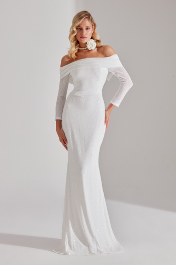 BETTY & SAM CLAIRE Sequin Sparkly White Off-shoulder Wedding Dress