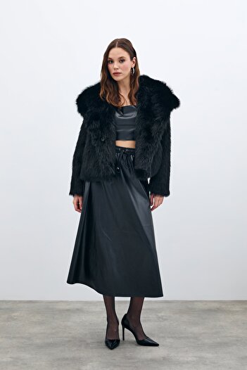 Sateen Black Leather Skirt - Elastic Waist