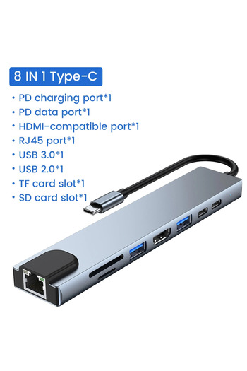Choice1 8 in 1 USB C Hub Type-C to Multiports 4K HDMI RJ45 PD Charge SD/TF Card Reader Type C To USB Adap...